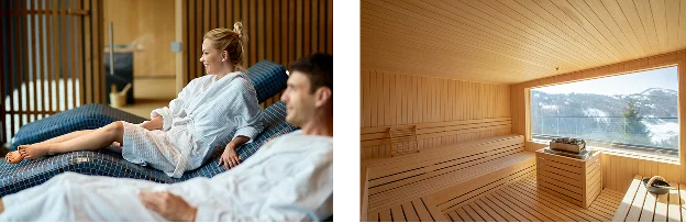 Kobieta i mężczyzna w białych szlafrokach odpoczywają na wyłożonych kafelkami leżakach w spa, uśmiechając się i ciesząc spokojną atmosferą. Otoczenie jest nowoczesne i spokojne.